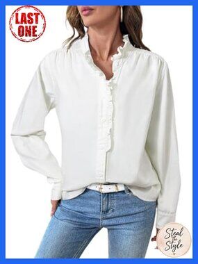 Denim Button Down Shirt with Ruffled Edge Long Sleeve